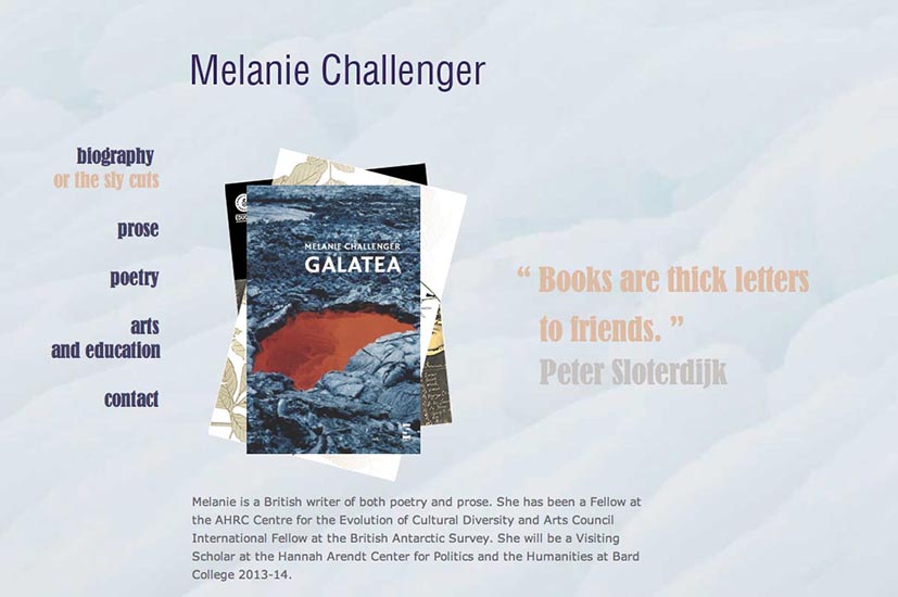 web design for a writer author and poet - Melanie Challenger - home page - rep