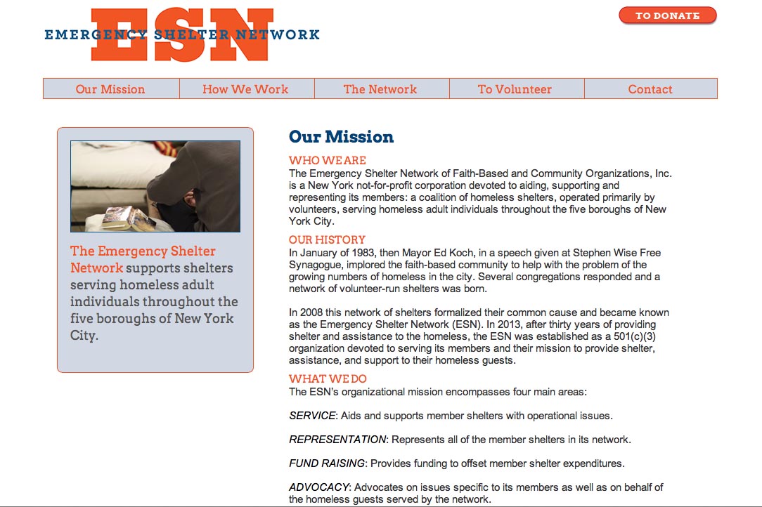 web design for a non-profit organization in new york - Emergency Shelter Network